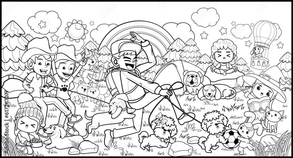 Coloring page  in the park with cute puppies