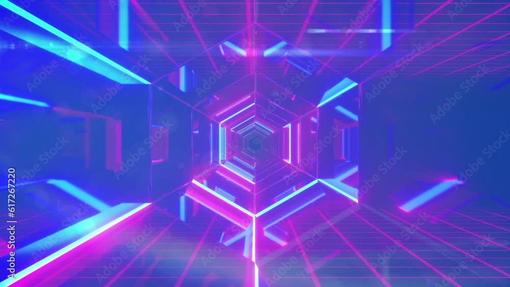 Animation of neon pink hexagonal tunnel in seamless pattern against blue background Animation of neon pink hexagonal tunnel in seamless pattern against blue background