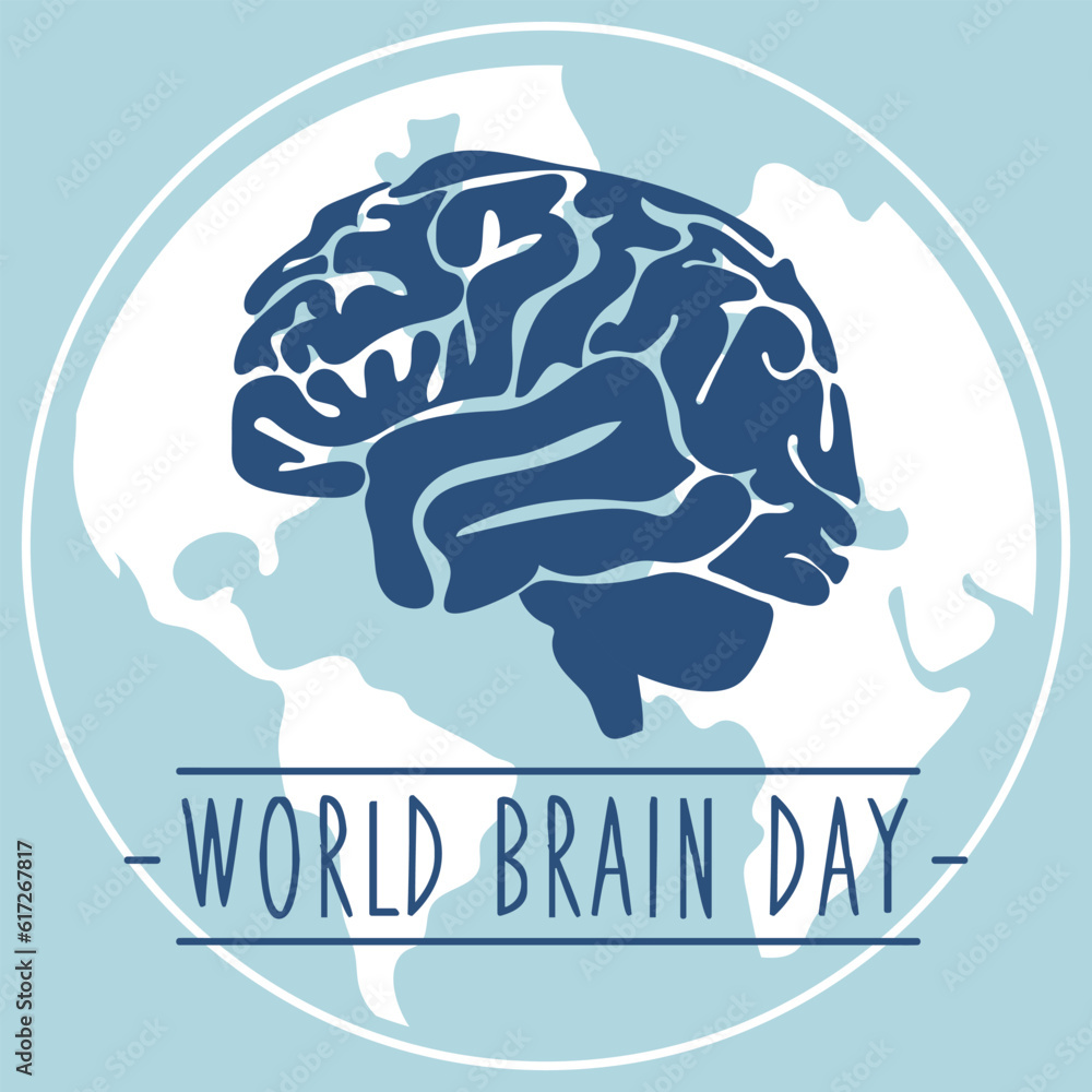 Postcard for World Brain Day, vector illustration with a cute brain in