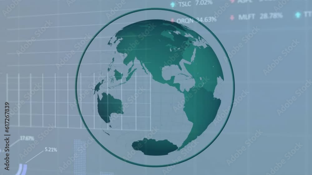 Animation of statistical and stock market data processing over globe against grey background Animation of statistical and stock market data processing over globe against grey background