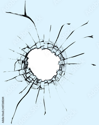 A hole with the texture of cracks in the glass from a gunshot to the window. Transparent background in png format for design use.