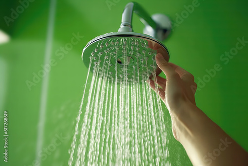 Person Using Waterefficient Showerhead To Conserve Water. The Concept Of Water Management.. Generative AI