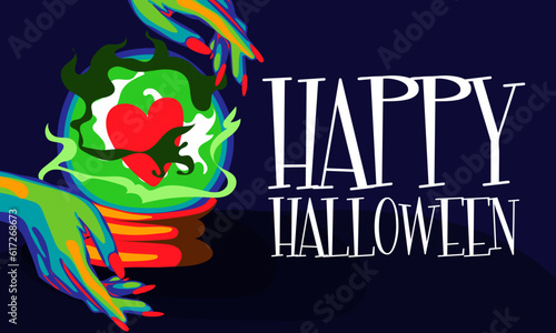 Illustration of a witch's hands with a magic ball, a prediction of love and the inscription Happy Halloween for a party invitation card, poster. The Day of the Dead banner. Printing in bright colors