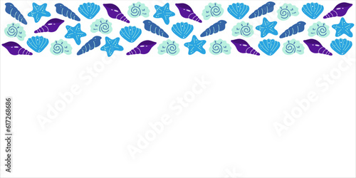 Marine banner of mollusk seashells and starfish