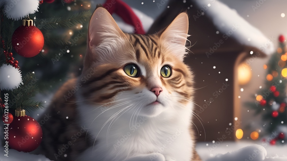 cat in a jolly winter Christmas background. bokeh background. Generative AI