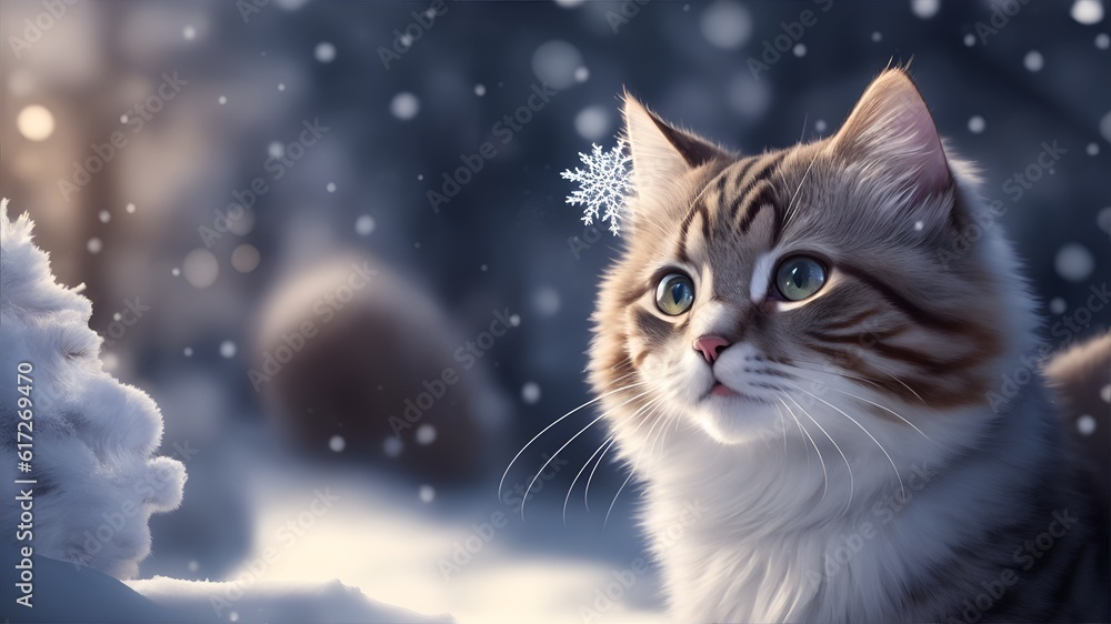 cat in the snowy forest, winter Christmas theme background. bokeh background. Generative AI