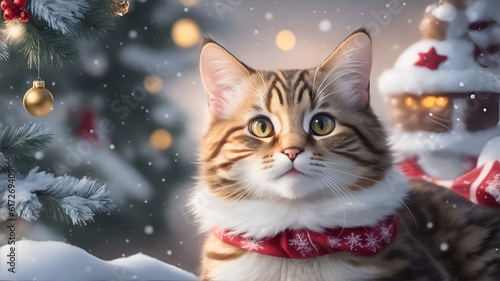 cat in the snow. snowy Christmas background. bokeh background. Generative AI
