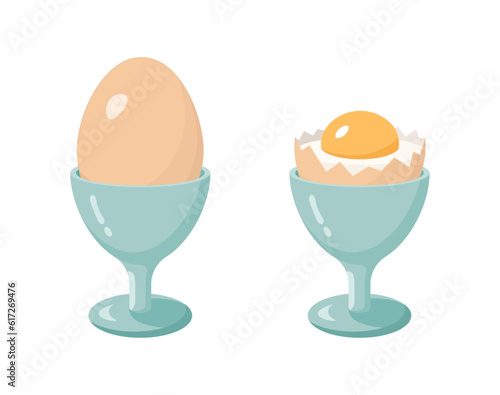 Illustration of brown boiled eggs in blue cups. Isolated vector. photo