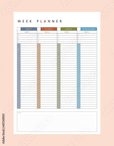 Week planner. (Fashion) Minimalist planner template set. Vector illustration.	 