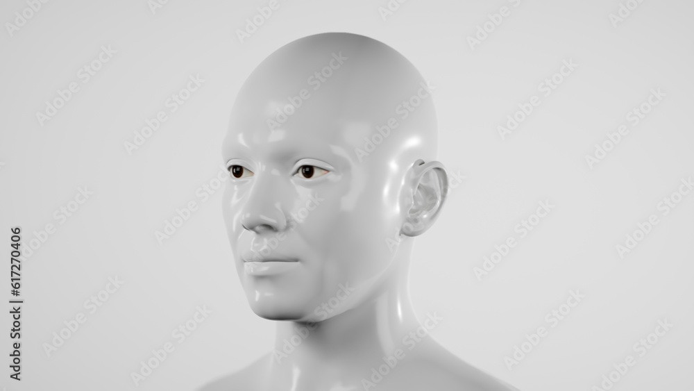 male hyper-realistic robot or cyborg in studio with white light. Artificial intelligence or neural network in image cybernetic man. Digital technology concept. 3d render male hyper-realistic robot or cyborg in studio with white light. Artificial intelligence or neural network in image cybernetic man. Digital technology concept. 3d render