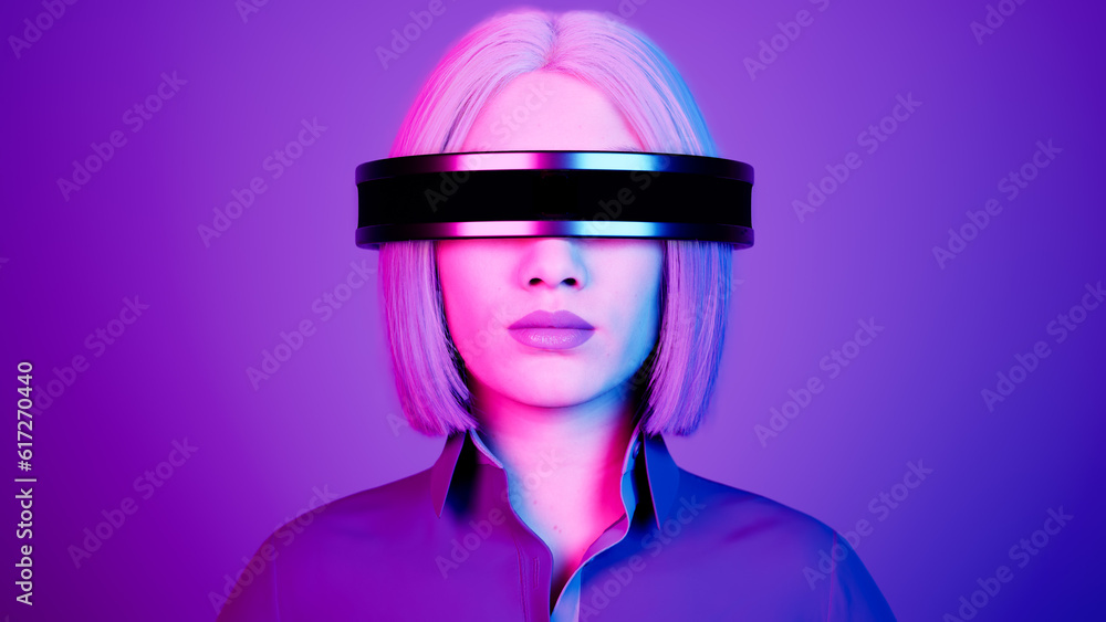 technology, online game, entertainment, virtual world in 3D simulation. millennial woman in vr glasses plays in the neon studio, 3d render technology, online game, entertainment, virtual world in 3D simulation. millennial woman in vr glasses plays in the neon studio, 3d render