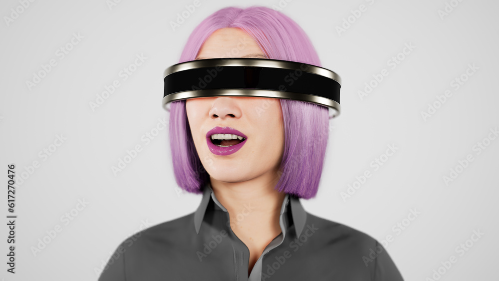 technology, online game, entertainment, virtual world in 3D simulation. millennial woman in vr glasses plays in the neon studio, 3d render technology, online game, entertainment, virtual world in 3D simulation. millennial woman in vr glasses plays in the neon studio, 3d render
