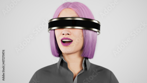 technology, online game, entertainment, virtual world in 3D simulation. millennial woman in vr glasses plays in the neon studio, 3d render