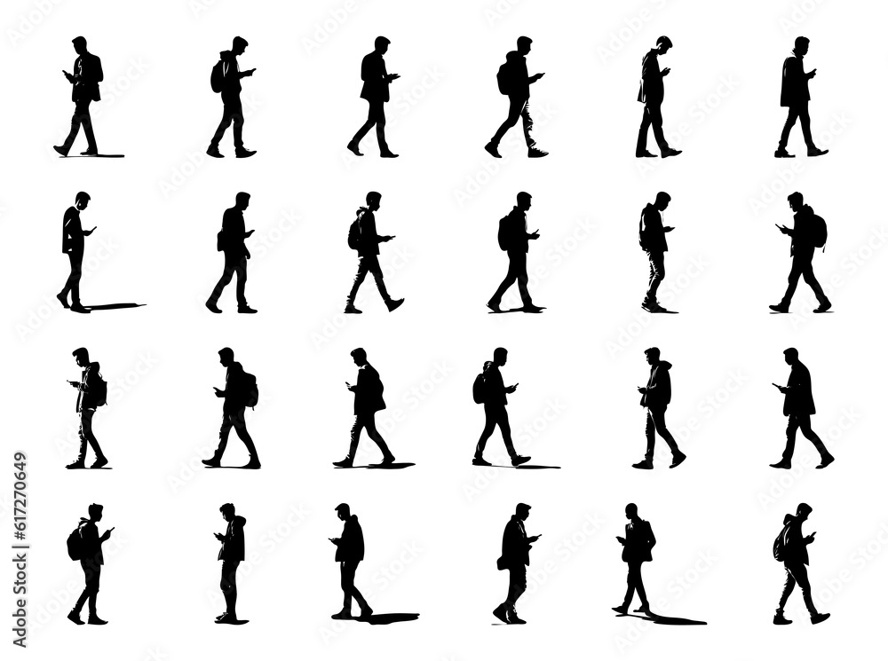 man walking looking at cell phone smartphone silhouette set man walking looking at cell phone smartphone silhouette set