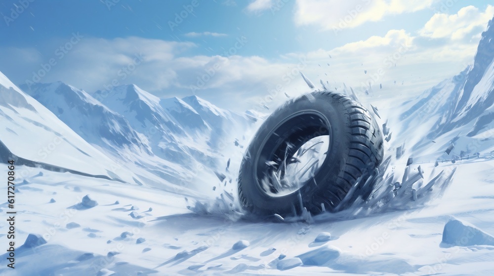 Frosty Descent: Discarded Tire on a Snow-Covered Mountain made with Generative AI