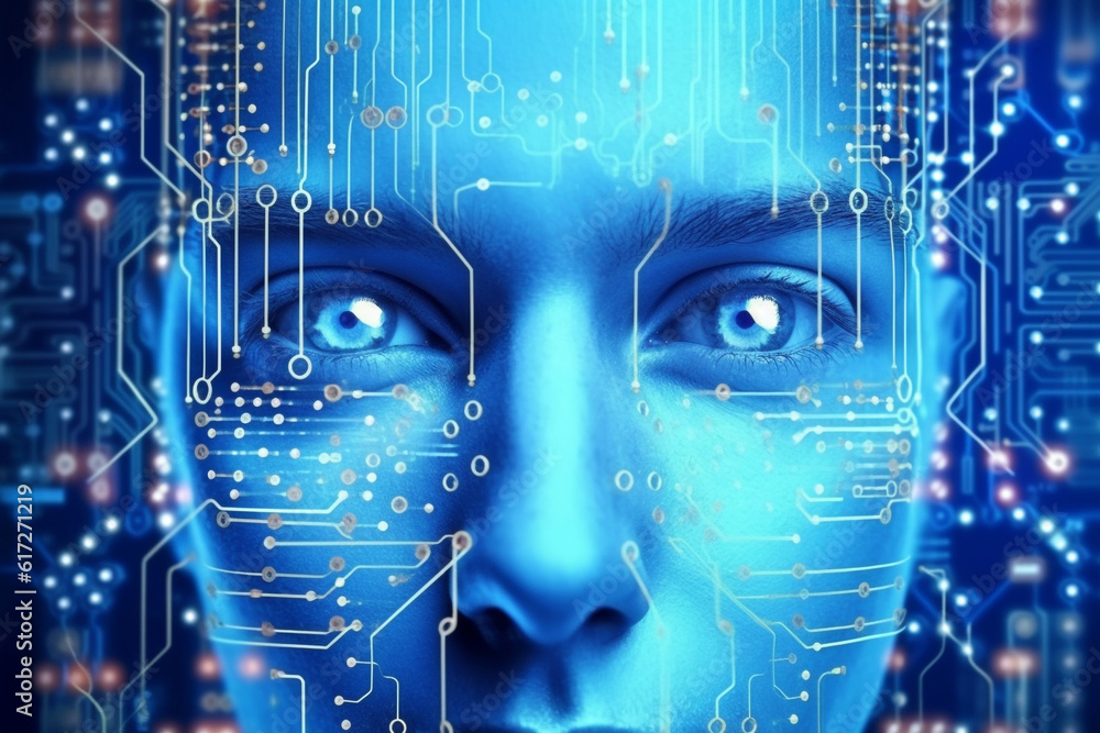 Futuristic Blue Portrait of Young Adult with Technological Elements. AI people communication technologies.