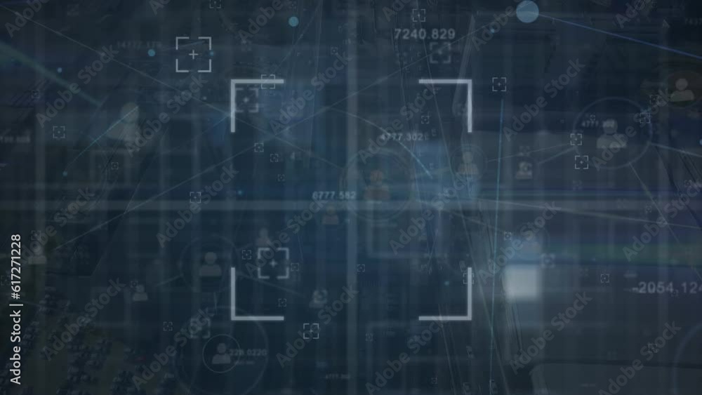 Animation of viewfinders over connected icons over electronic component in background Animation of viewfinders over connected icons over electronic component in background