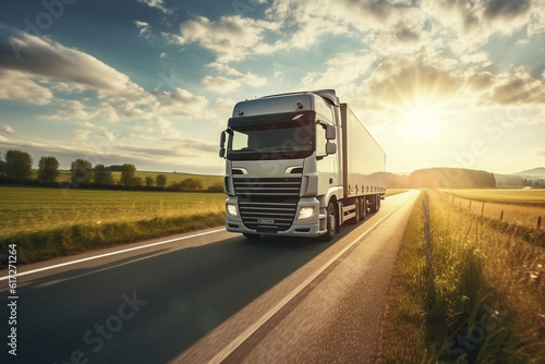 Truck Transportation Through Sky-High Landscape. Sunset