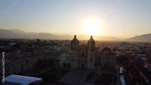 morning in oaxaca city drone pan aerial view 4k video sunrise with mountains background clear sky travel hispanic city with a cathedral and the sun