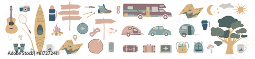 Set of doodle forest camping design elements. Hand drawn hiking and camping doodles perfect for summer camp flyers and posters.