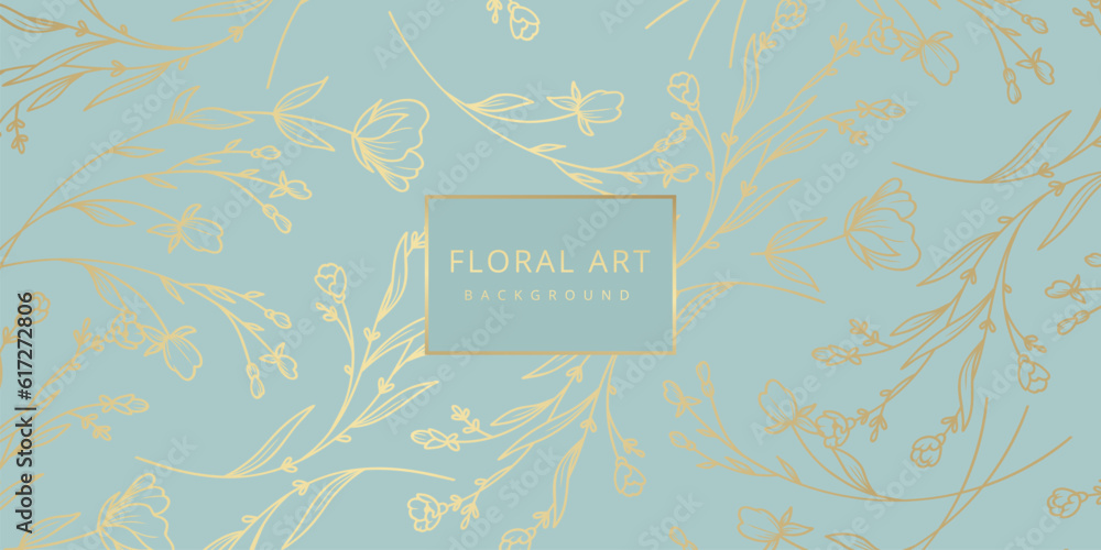 Luxury floral blue abstract background with gold hand drawn flowers