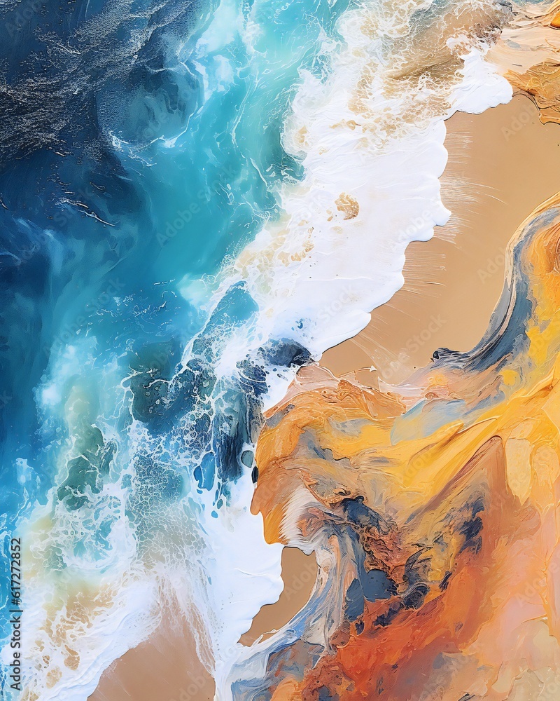 Fototapeta premium Top - down aerial view of a deserted Beach, Acrylic pouring of waves crashing onto a beach, vivid colors flowing seamlessly into each other, a masterpiece of color and light effects Generative AI