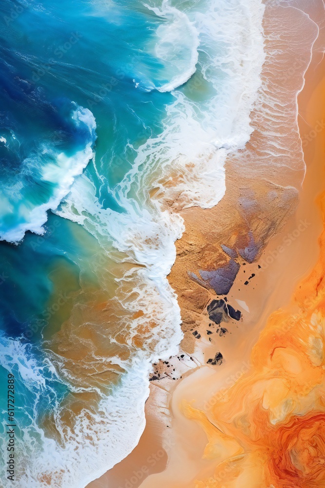 Top - down aerial view of a deserted Beach, Acrylic pouring of waves crashing onto a beach, vivid colors flowing seamlessly into each other, a masterpiece of color and light effects Generative AI Top - down aerial view of a deserted Beach, Acrylic pouring of waves crashing onto a beach, vivid colors flowing seamlessly into each other, a masterpiece of color and light effects Generative AI