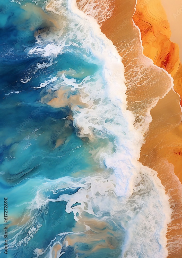 Top - down aerial view of a deserted Beach, Acrylic pouring of waves crashing onto a beach, vivid colors flowing seamlessly into each other, a masterpiece of color and light effects Generative AI