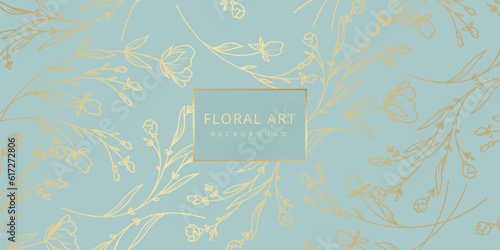 Luxury floral blue abstract background with gold hand drawn flowers. Vector design template for postcard, wall poster, business card, flyer, banner, wedding invitation, print, cover, wallpaper
