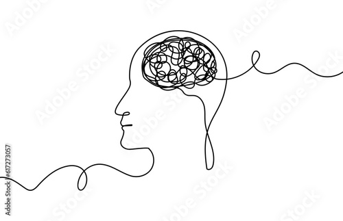 Continuous One Line Mental Chaos Brain Head Health Mind Art Sketch Вoodle Сoncept.  Stress Therapy Problem Continuous One Line Drawing. A Single Stroke of Healing: Vector Drawing for Mental Well-being