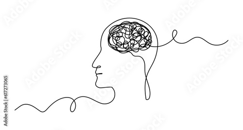 Continuous One Line Mental Chaos Brain Head Health Mind Art Sketch Вoodle Сoncept.  Stress Therapy Problem Continuous One Line Drawing. A Single Stroke of Healing: Vector Drawing for Mental Well-being