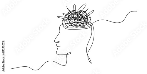 Continuous One Line Mental Chaos Brain Head Health Mind Art Sketch Вoodle Сoncept.  Stress Therapy Problem Continuous One Line Drawing. A Single Stroke of Healing: Vector Drawing for Mental Well-being