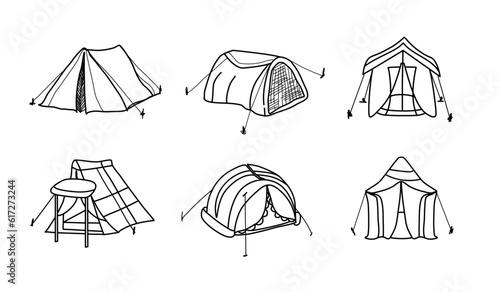 set of tents for camping, black and white used line art style