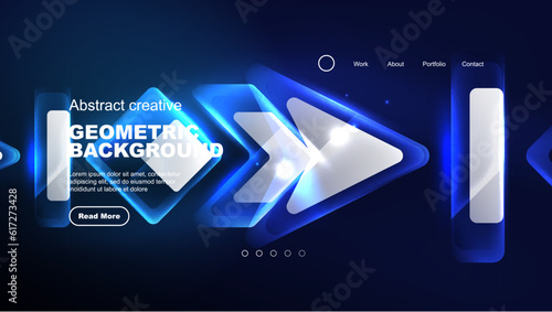 Abstract background landing page, geometric shape illuminated with glowing neon light on dark background. Futuristic city lights concept