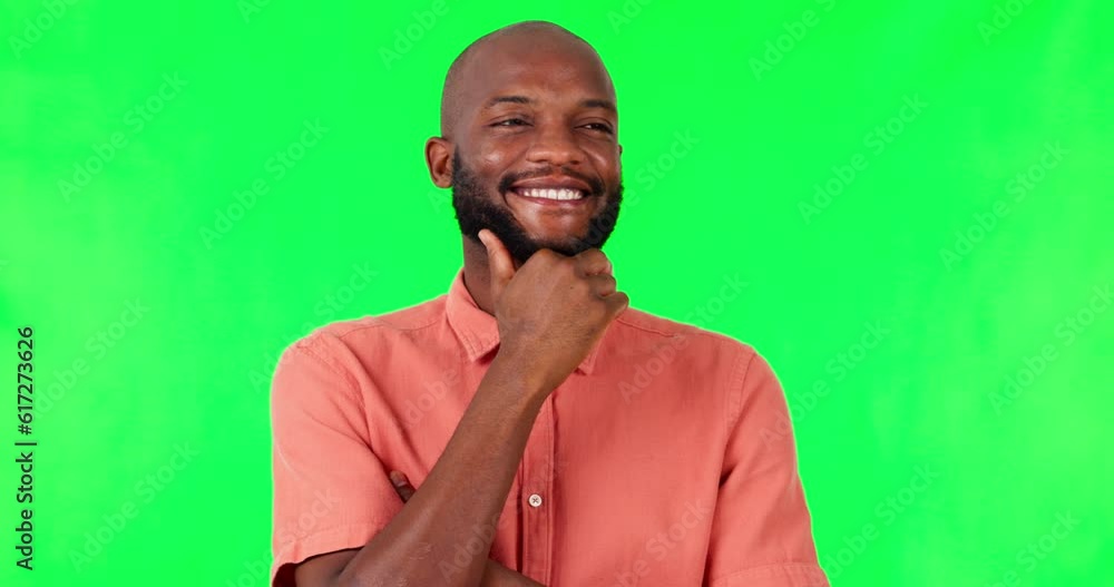 Black man, thinking and yes for decision with green screen, brainstorming and mockup space on studio background. Mindset, thoughtful and contemplating choice, male person and smile for inspiration Black man, thinking and yes for decision with green screen, brainstorming and mockup space on studio background. Mindset, thoughtful and contemplating choice, male person and smile for inspiration