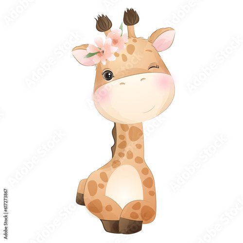 Cute giraffe poses watercolor illustration