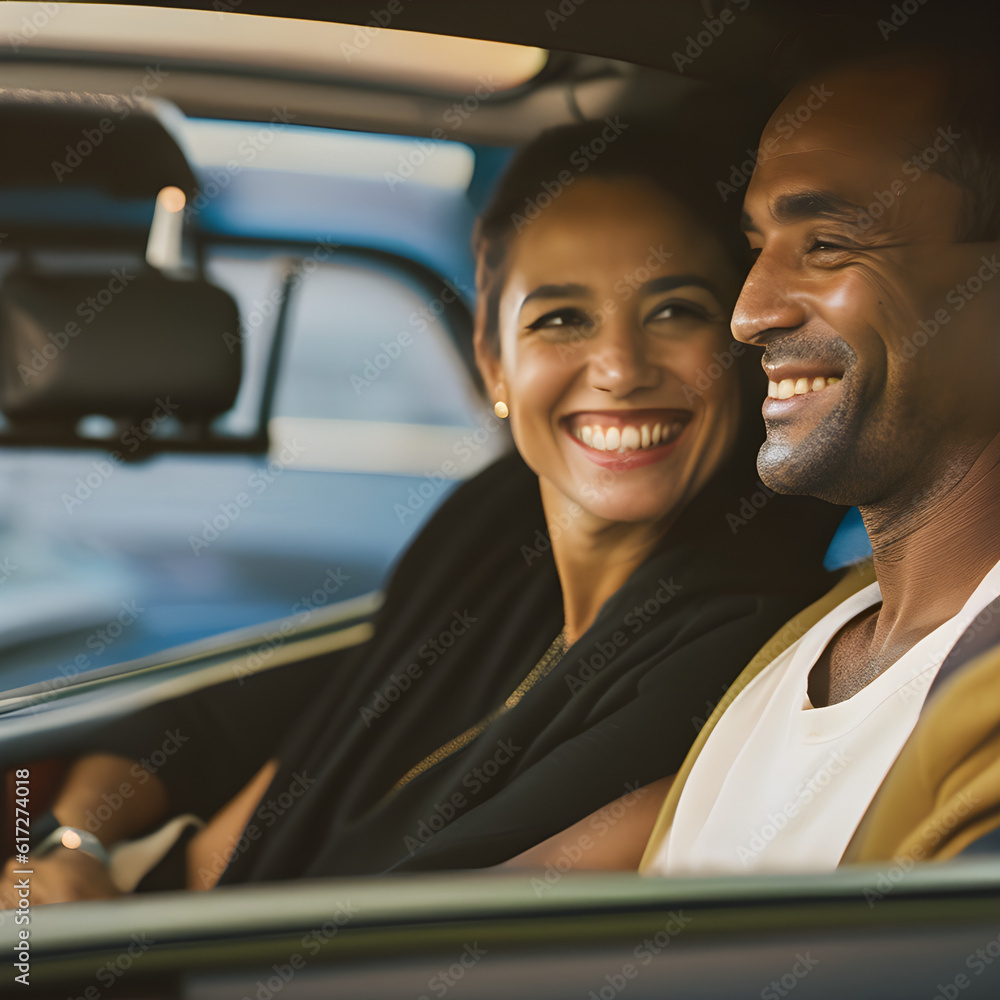 An attractive couple sitting in the back seat of a taxi. (AI-generated fictional illustration)
An attractive couple sitting in the back seat of a taxi. (AI-generated fictional illustration)