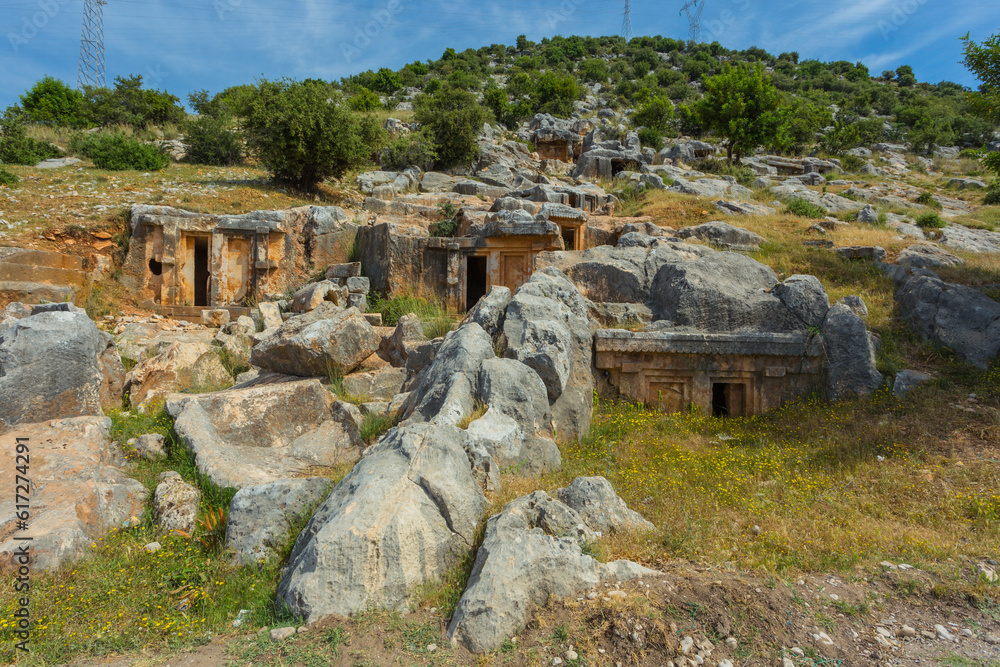 Ancient antique burial in rocks in Demre. Turkey