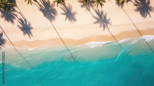 Beach palm trees on the sunny sandy beach and turquoise ocean from above. © Pro Hi-Res