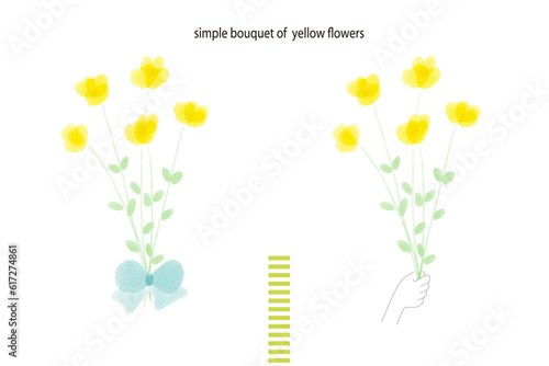 黄色いちょうちょみたいな花のシンプルな花束、手に持っているタイプとリボンのセット