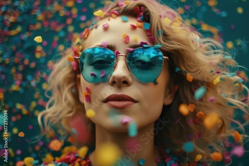 Woman with sunglasses and confetti blowing in her face