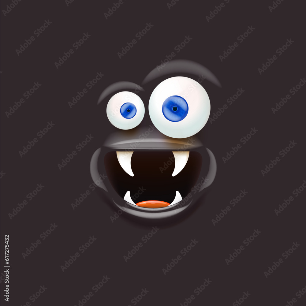 Vector funny orange monster face with open mouth with fangs and eyes isolated on black background. Halloween cute and funky monster design template for poster, banner and tee print