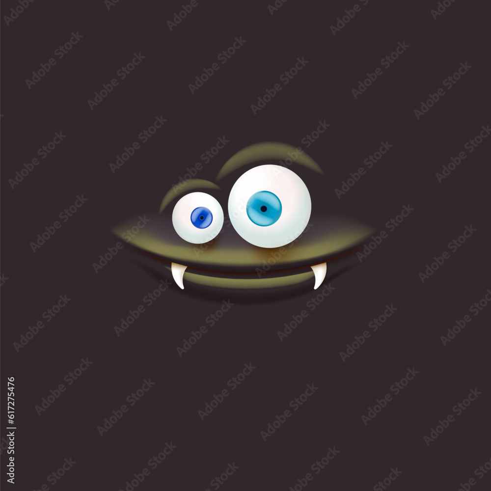 Vector funny orange monster face with open mouth with fangs and eyes isolated on black background. Halloween cute and funky monster design template for poster, banner and tee print Vector funny orange monster face with open mouth with fangs and eyes isolated on black background. Halloween cute and funky monster design template for poster, banner and tee print