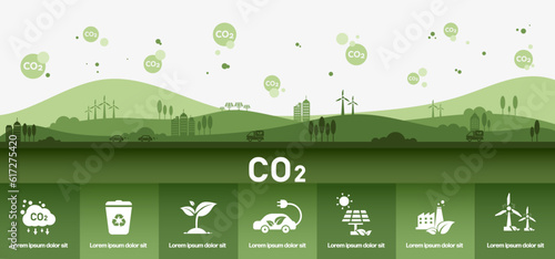 The concept of reduce co2 emission using clean energy and reduce climate change problem with flat icon vector illustration. Green environment templet infographic design for web banner.