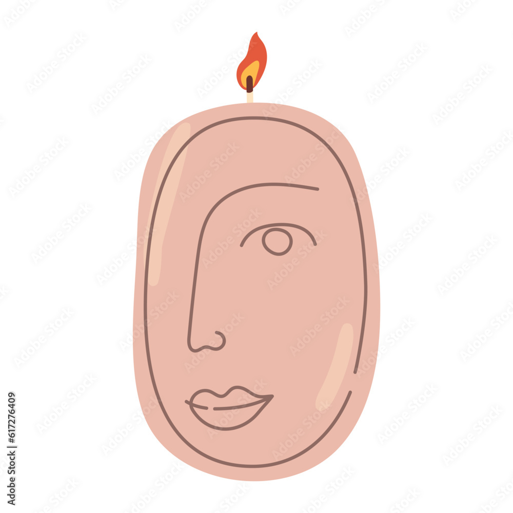 Isolated cartoon wax relief candle with face and flame. Modern decoration for home interior, spa, relax. Flat vector illustration on white background Isolated cartoon wax relief candle with face and flame. Modern decoration for home interior, spa, relax. Flat vector illustration on white background