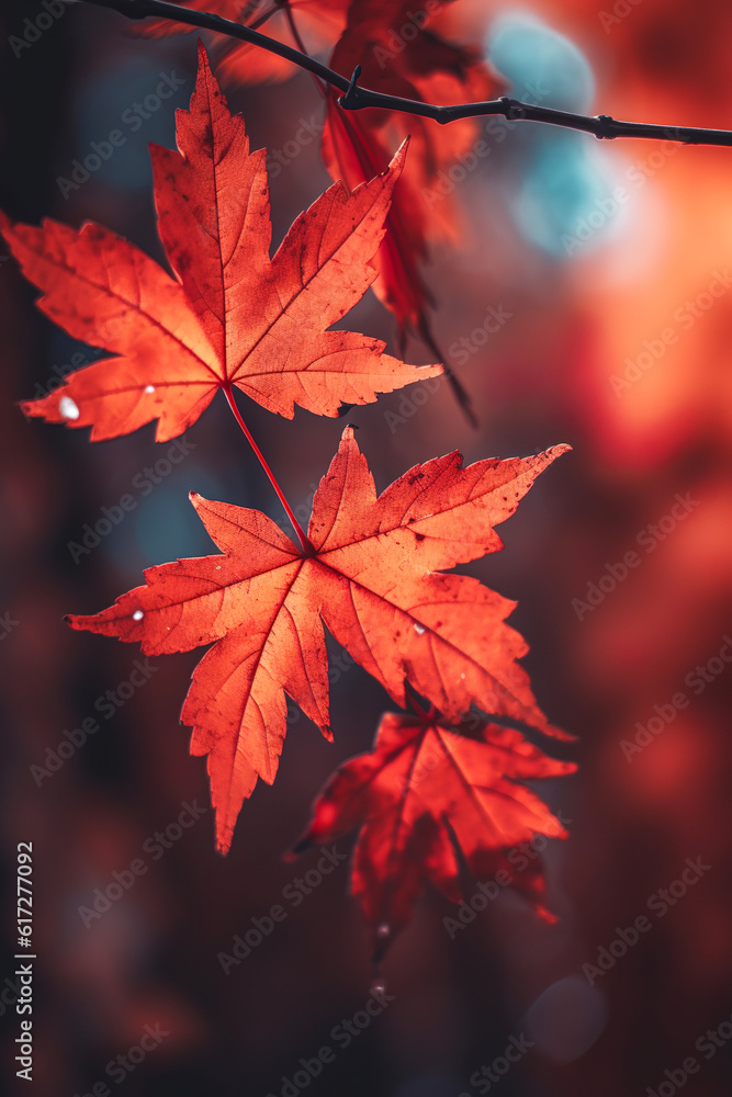 Autumn creative concept of warm reddish colors, branches of fallen red, yellow and orange leaves on a rainy autumn day. Illustration. Generative AI. Autumn creative concept of warm reddish colors, branches of fallen red, yellow and orange leaves on a rainy autumn day. Illustration. Generative AI.