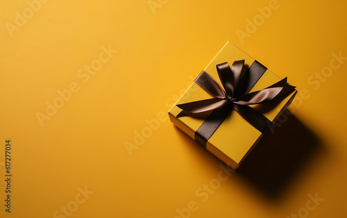 Yellow gift box with black ribbon on yellow background. Generative AI