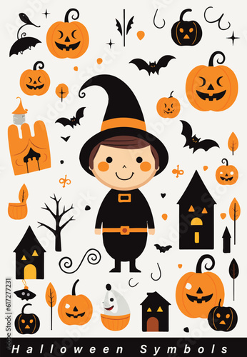 Halloween pumpkins. Halloween Icons and symbols, Witch, Haunted House, Pumpkins and Bats. Halloween Holiday Design.