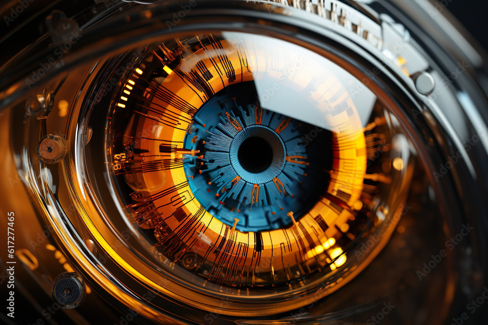 Eye pupil of a robot, cybernetic eye. Futuristic eye of a robot. Generative AI.