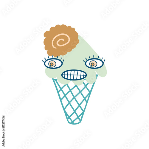 Crazy giggle face mint ice cream cone character with chocolate cookie. Perfect print for tee, sticker, poster. Cartoon vector illustration for decor and design.
